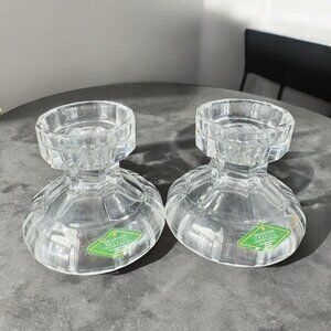 Shannon Crystal Clear Glass Candle Stick Holder Set 2 With Original Stickers VTG